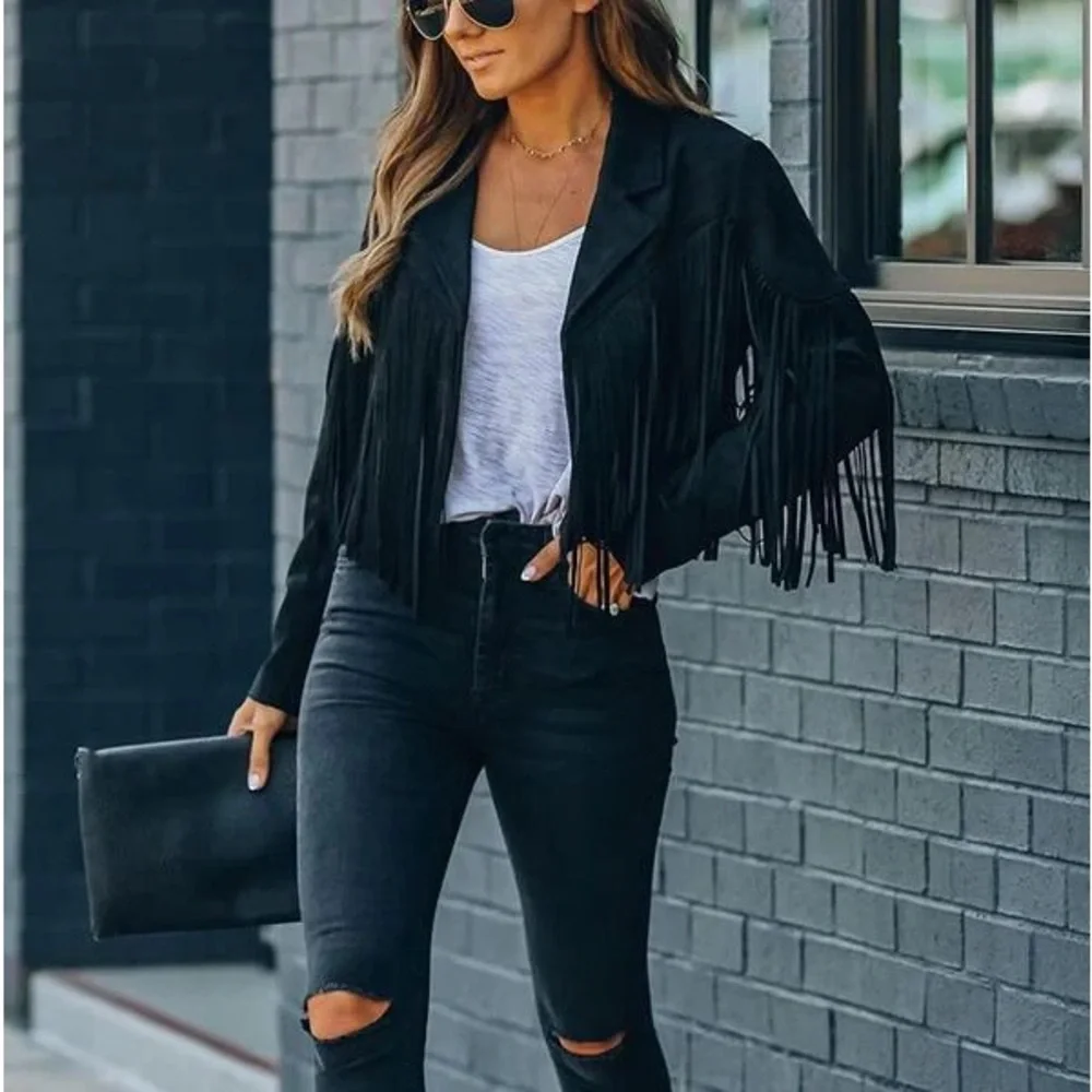 Black Women's Fringe Faux Suede jacket Fashion Tassel blazer jacket